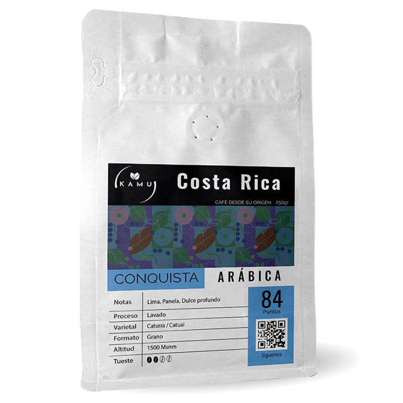 Café de especialidad 100% Arábica de origen Costa Rica. Con notas de lima, dulzor de panela y un tueste suave hacen de este café una experiencia excepcional de 84 puntos.